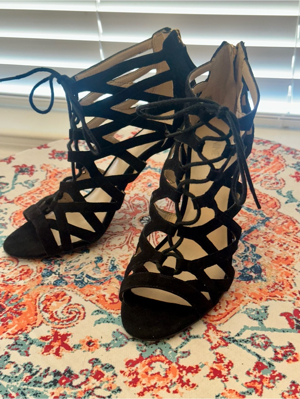 Lace-Up Strappy Suede High Heel Sandals - Black